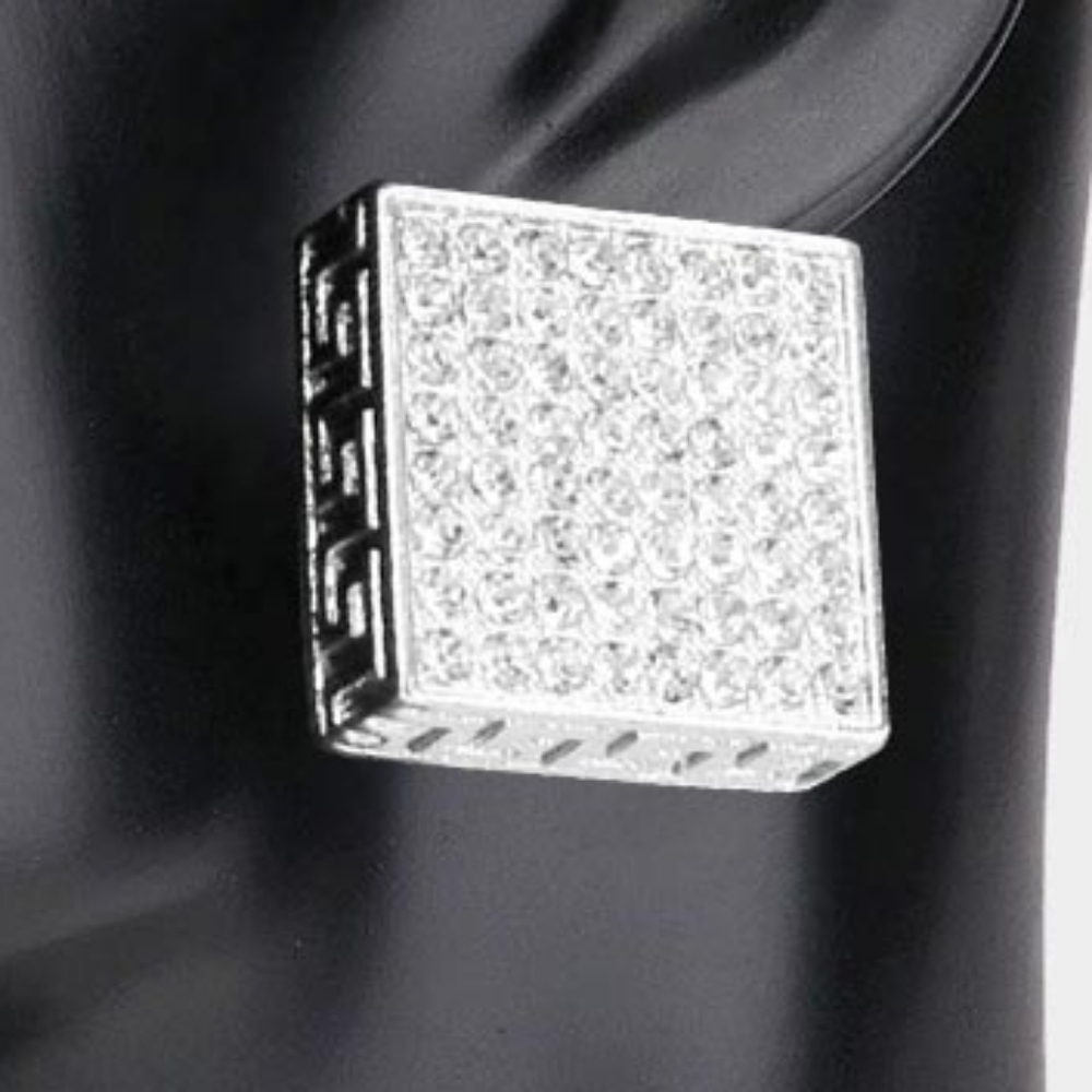 Clear Rhodium Silver Greek Key Patterned Rhinestone Crystal Square Stud Earrings - Picture 2 of 2